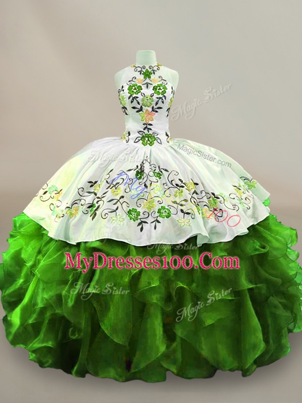 Pretty Green Organza Lace Up Sweet 16 Dress Sleeveless Floor Length Embroidery
