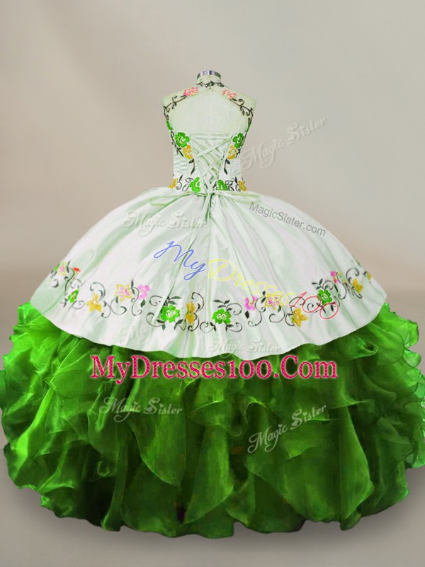 Pretty Green Organza Lace Up Sweet 16 Dress Sleeveless Floor Length Embroidery