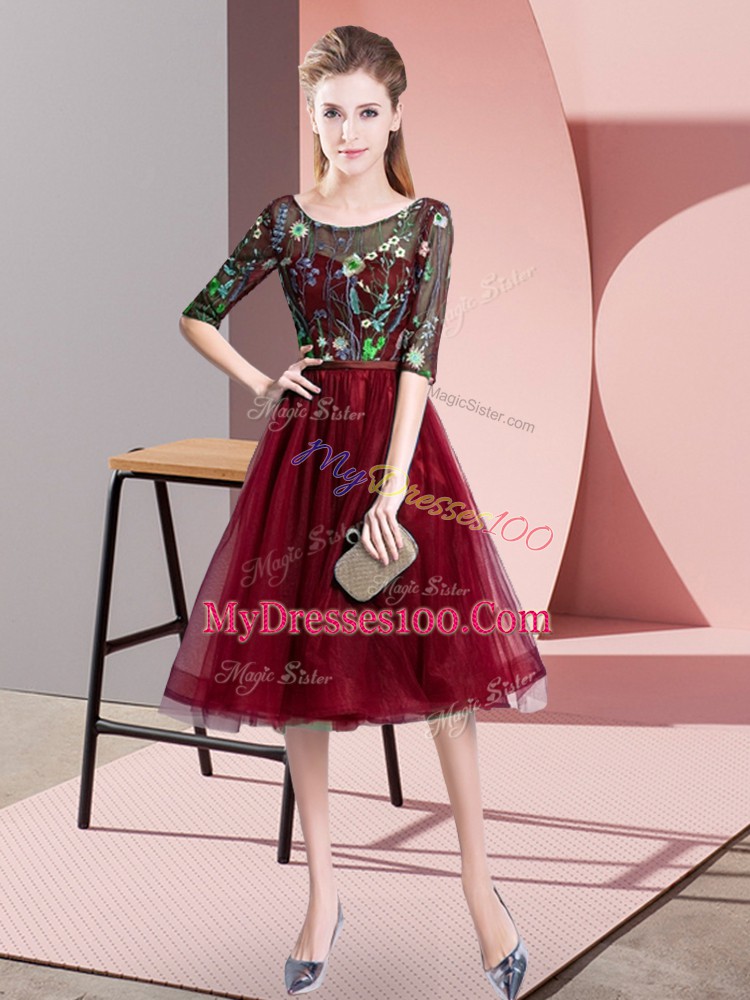 Decent Burgundy Empire Embroidery Vestidos de Damas Lace Up Tulle Half Sleeves Knee Length