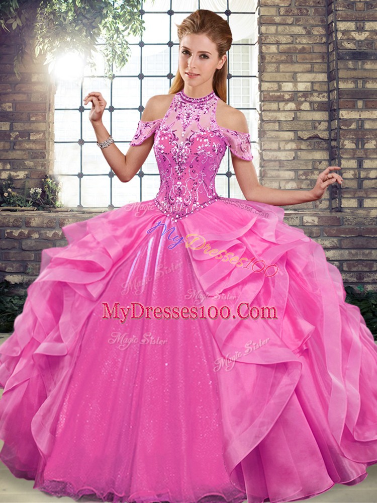 Ball Gowns Sweet 16 Dress Rose Pink Halter Top Organza Sleeveless Floor Length Lace Up