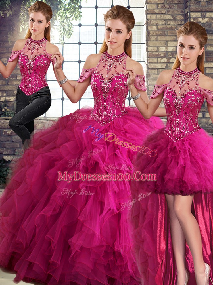 Low Price Tulle Halter Top Sleeveless Lace Up Beading and Ruffles Sweet 16 Quinceanera Dress in Fuchsia