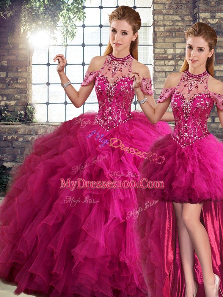 Low Price Tulle Halter Top Sleeveless Lace Up Beading and Ruffles Sweet 16 Quinceanera Dress in Fuchsia