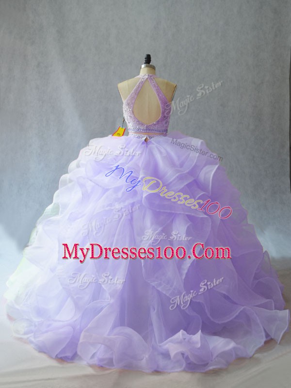 Lavender Sleeveless Brush Train Beading and Ruffles Sweet 16 Dress
