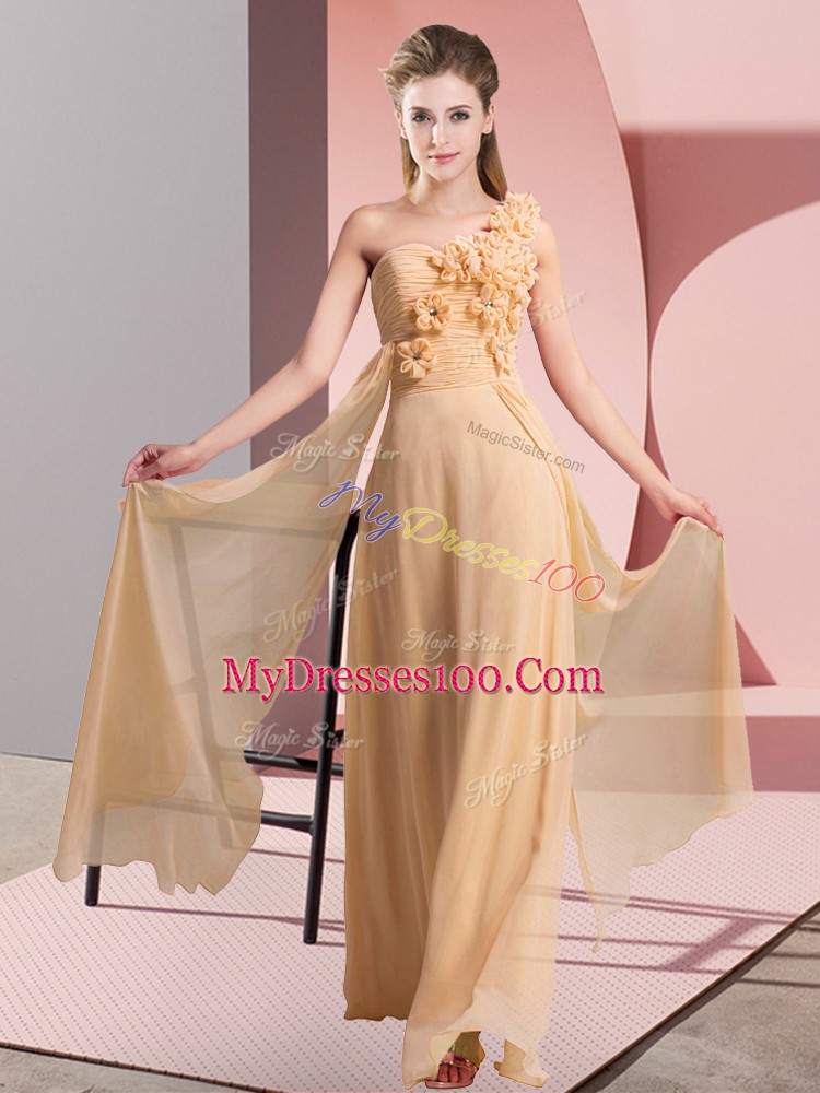 Sleeveless Chiffon Floor Length Lace Up Dama Dress for Quinceanera in Peach with Hand Made Flower