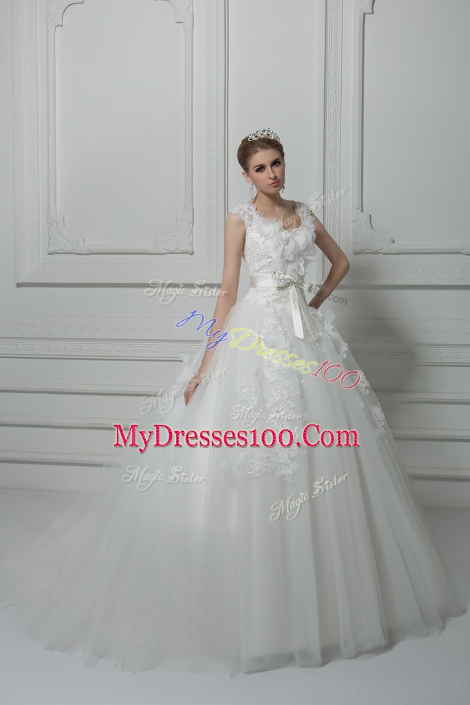 Luxury White Ball Gowns Lace and Appliques and Belt and Hand Made Flower Wedding Gowns Lace Up Tulle Sleeveless