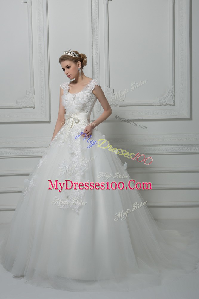 Luxury White Ball Gowns Lace and Appliques and Belt and Hand Made Flower Wedding Gowns Lace Up Tulle Sleeveless