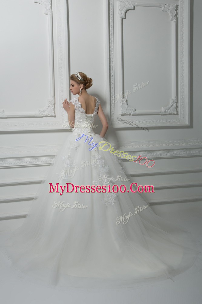 Luxury White Ball Gowns Lace and Appliques and Belt and Hand Made Flower Wedding Gowns Lace Up Tulle Sleeveless