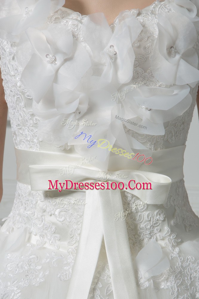 Luxury White Ball Gowns Lace and Appliques and Belt and Hand Made Flower Wedding Gowns Lace Up Tulle Sleeveless