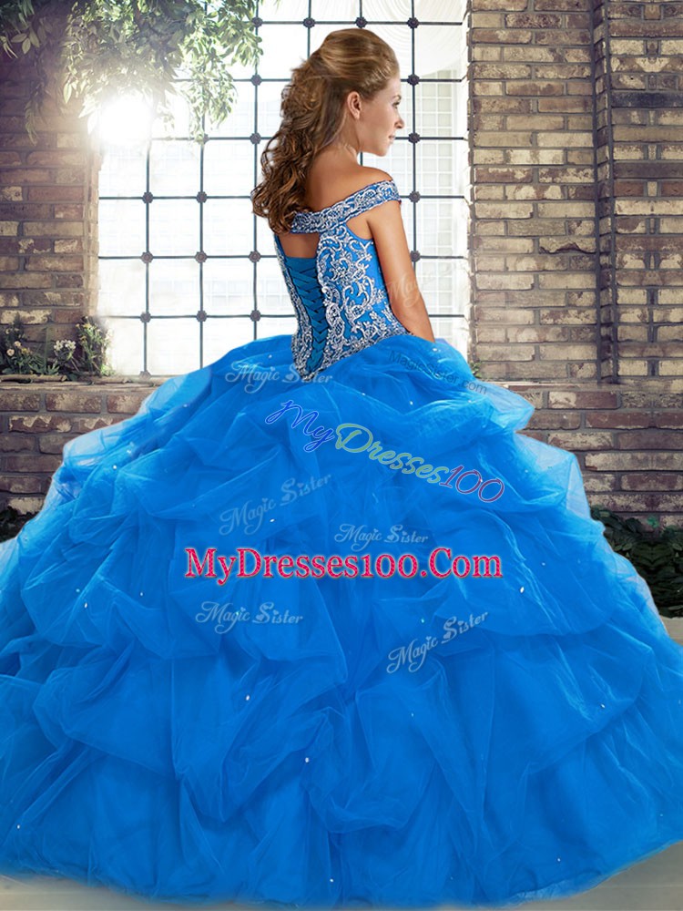 Royal Blue Quince Ball Gowns Tulle Brush Train Sleeveless Beading and Pick Ups