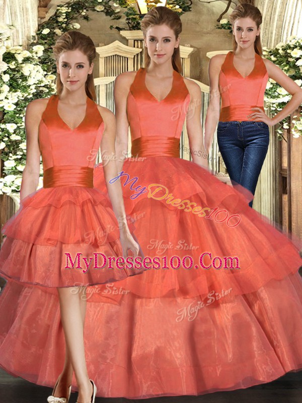 Sweet Orange Lace Up Sweet 16 Dress Ruffled Layers Sleeveless Floor Length