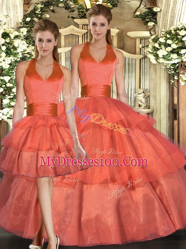 Sweet Orange Lace Up Sweet 16 Dress Ruffled Layers Sleeveless Floor Length