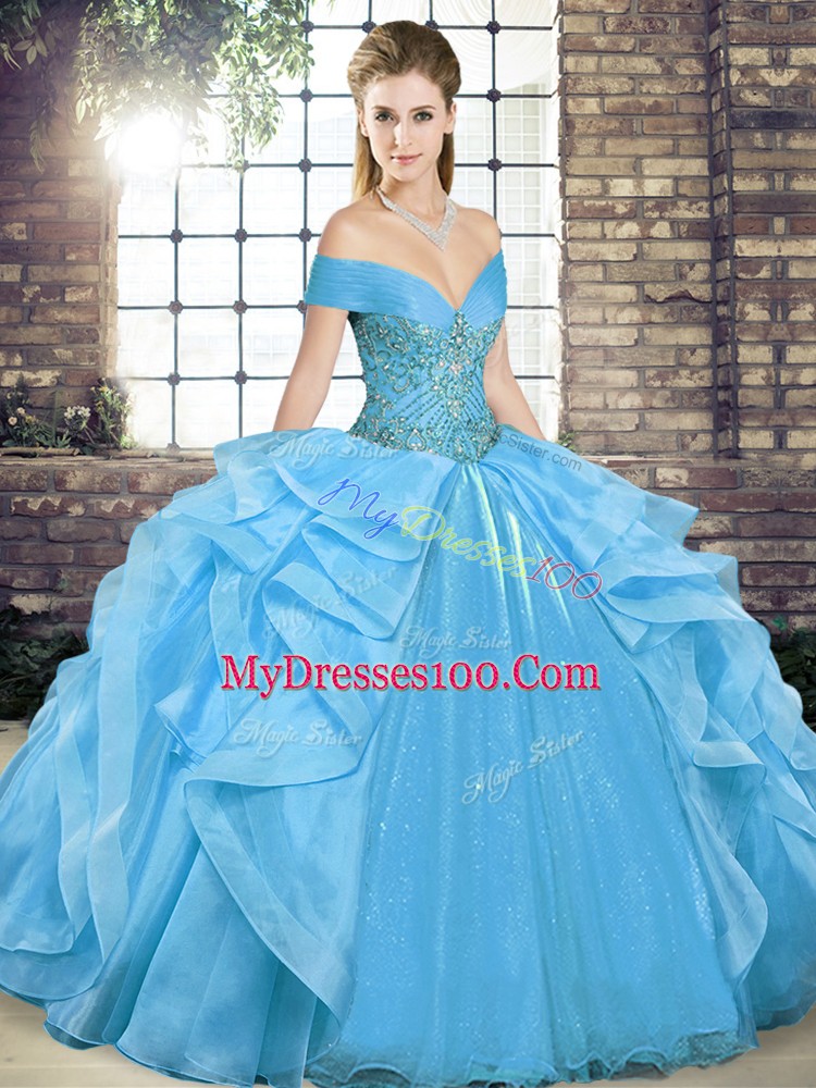Eye-catching Floor Length Baby Blue Quince Ball Gowns Organza Sleeveless Beading and Ruffles