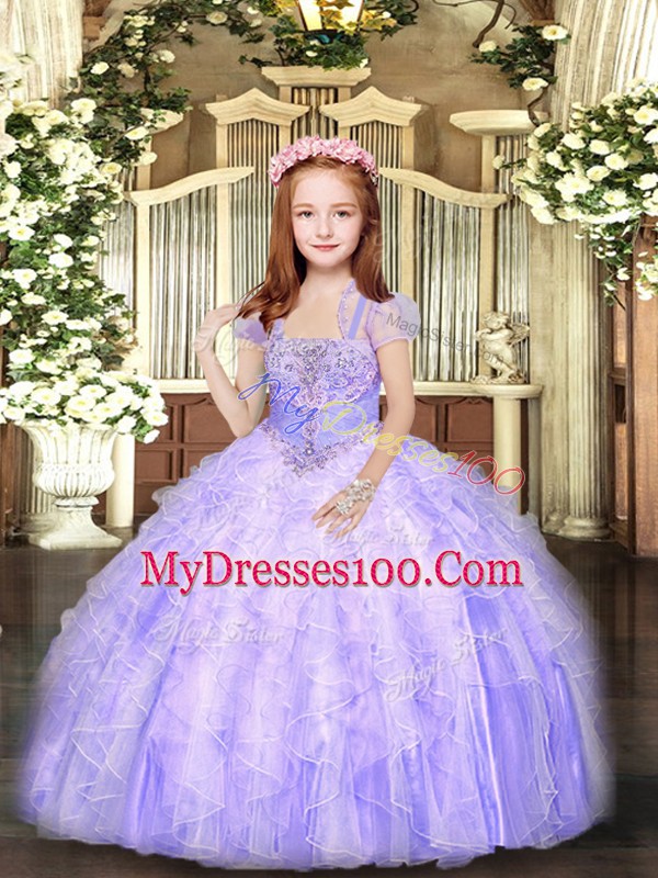 Lavender Ball Gowns Tulle Straps Sleeveless Beading and Ruffles Floor Length Lace Up Little Girl Pageant Dress