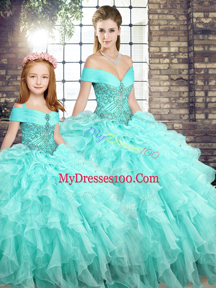 Free and Easy Sleeveless Brush Train Beading and Ruffles Lace Up Quinceanera Gown