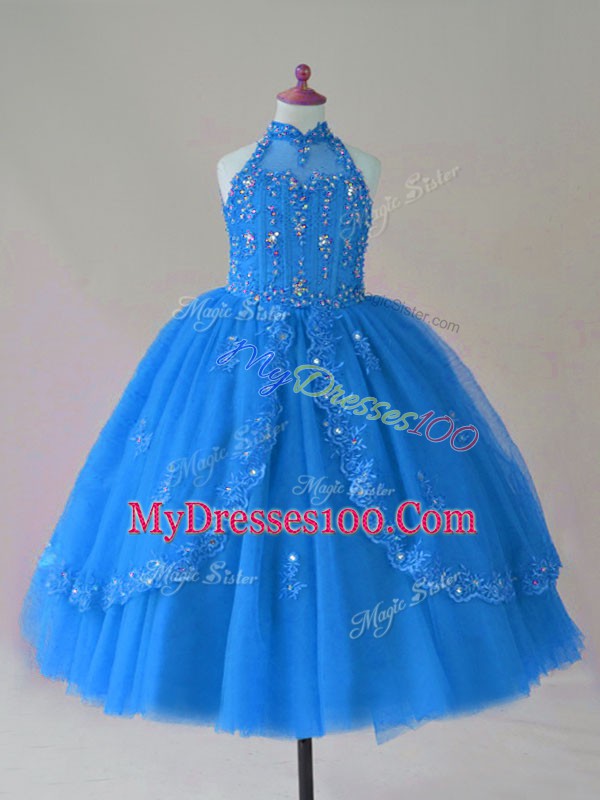 Wonderful Ball Gowns Pageant Dress Blue High-neck Tulle Sleeveless Floor Length Lace Up