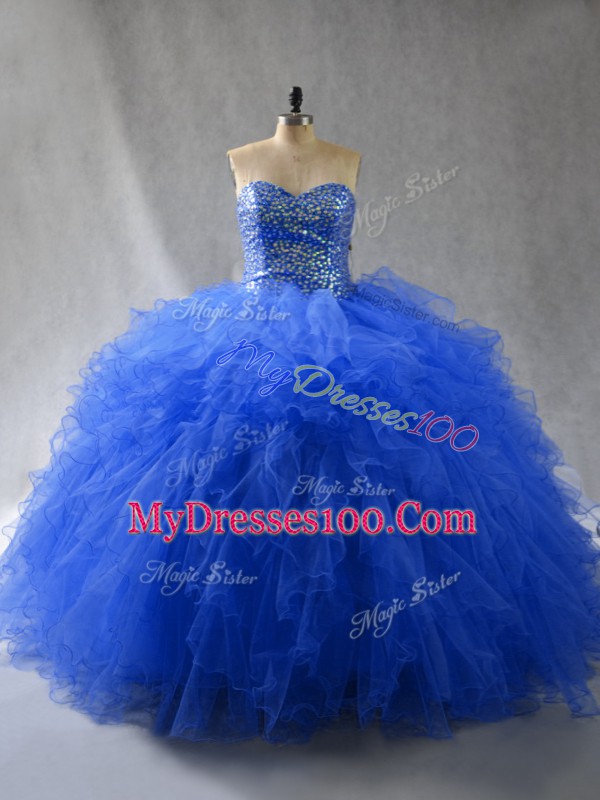 Graceful Sleeveless Floor Length Beading and Ruffles Lace Up Quinceanera Dress with Royal Blue