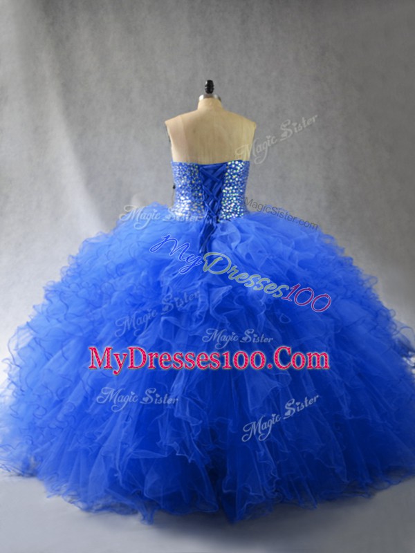 Graceful Sleeveless Floor Length Beading and Ruffles Lace Up Quinceanera Dress with Royal Blue