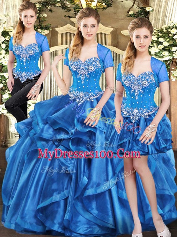 Beautiful Three Pieces Vestidos de Quinceanera Blue Sweetheart Organza Sleeveless Floor Length Lace Up
