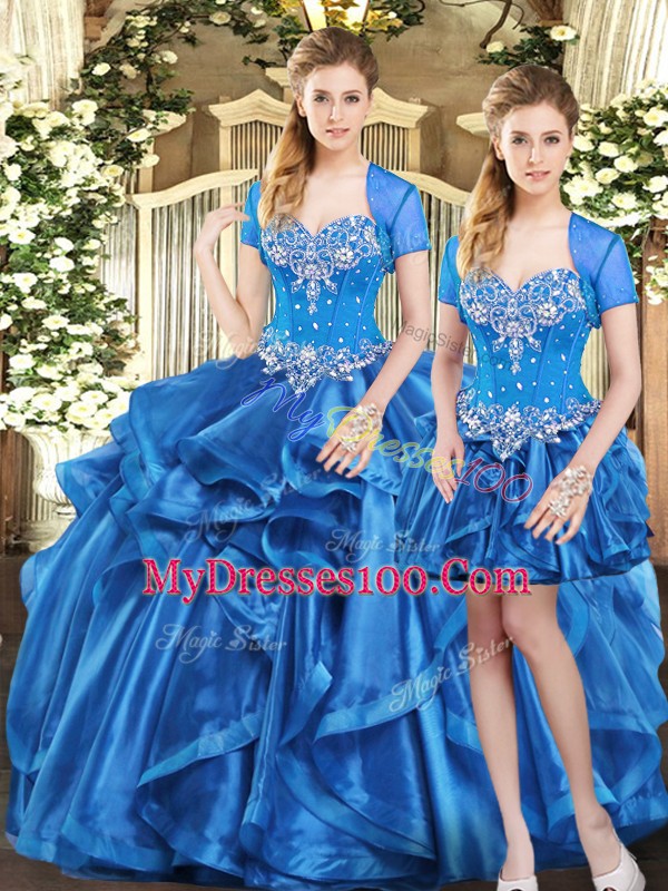 Beautiful Three Pieces Vestidos de Quinceanera Blue Sweetheart Organza Sleeveless Floor Length Lace Up