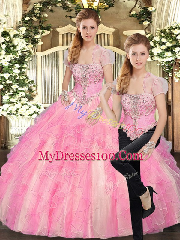 High End Strapless Sleeveless Quinceanera Gown Floor Length Beading and Ruffles Baby Pink Tulle