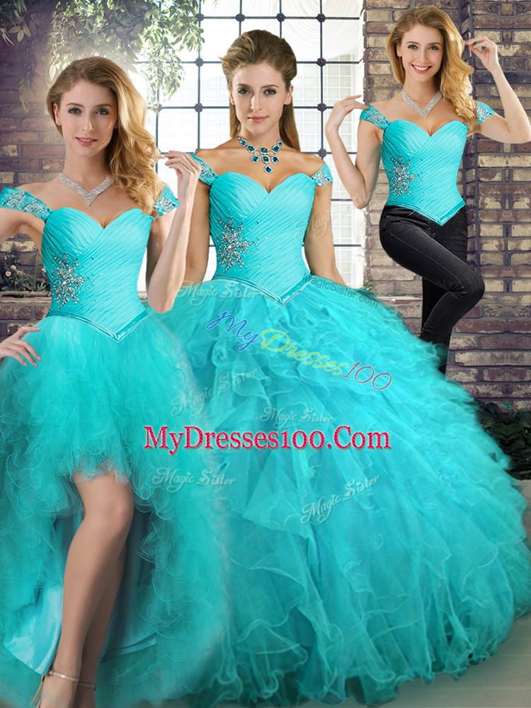 Dynamic Floor Length Aqua Blue Vestidos de Quinceanera Off The Shoulder Sleeveless Lace Up
