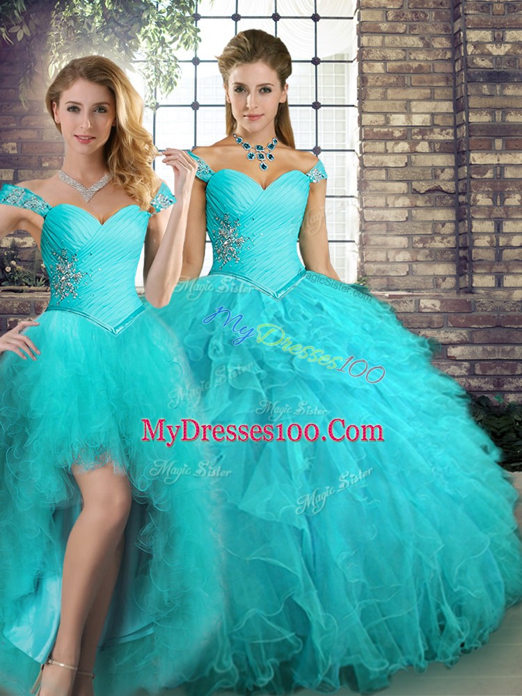 Dynamic Floor Length Aqua Blue Vestidos de Quinceanera Off The Shoulder Sleeveless Lace Up