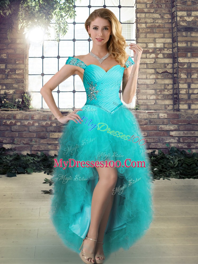 Dynamic Floor Length Aqua Blue Vestidos de Quinceanera Off The Shoulder Sleeveless Lace Up