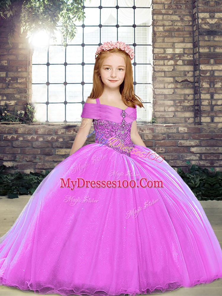 Fantastic Lilac Lace Up Little Girl Pageant Dress Beading Sleeveless Floor Length