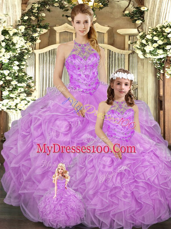 Lilac Ball Gowns Halter Top Sleeveless Tulle Floor Length Lace Up Beading and Ruffles 15th Birthday Dress