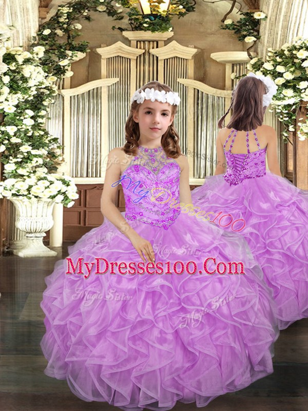 Lilac Ball Gowns Halter Top Sleeveless Tulle Floor Length Lace Up Beading and Ruffles 15th Birthday Dress