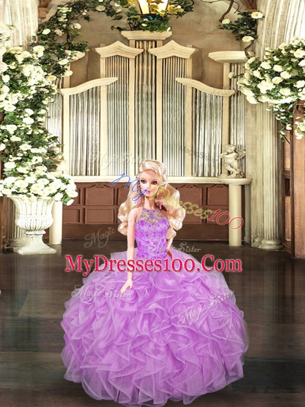Lilac Ball Gowns Halter Top Sleeveless Tulle Floor Length Lace Up Beading and Ruffles 15th Birthday Dress