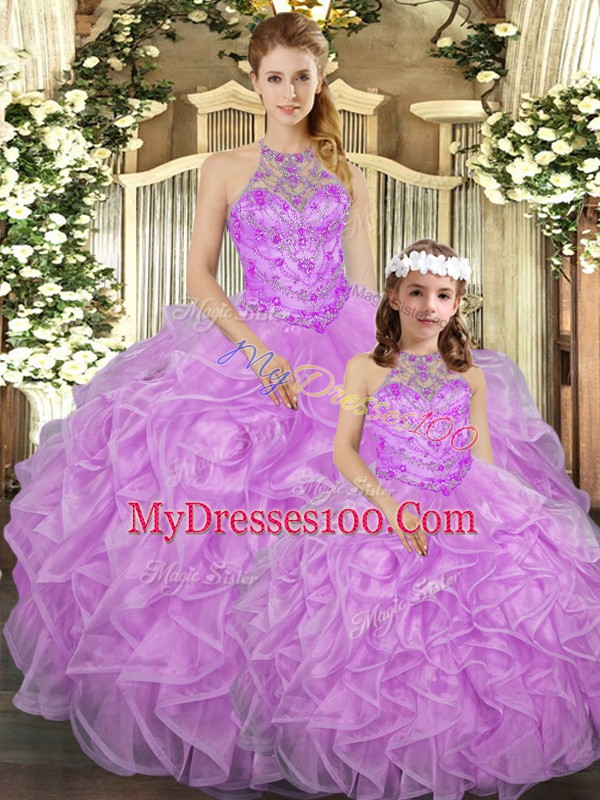 Lilac Ball Gowns Halter Top Sleeveless Tulle Floor Length Lace Up Beading and Ruffles 15th Birthday Dress