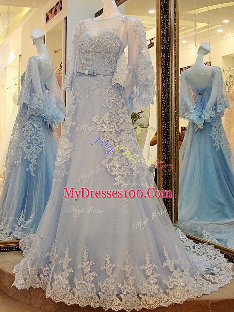 Light Blue A-line Tulle Scoop Long Sleeves Lace and Appliques and Belt Lace Up Prom Evening Gown Court Train