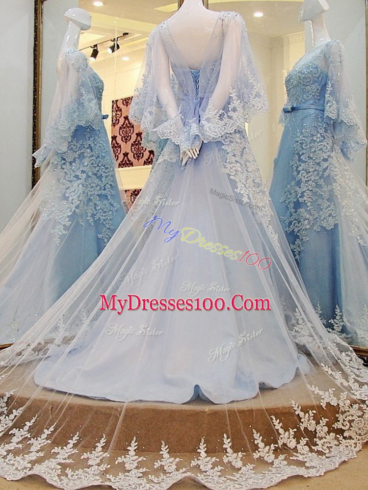 Light Blue A-line Tulle Scoop Long Sleeves Lace and Appliques and Belt Lace Up Prom Evening Gown Court Train