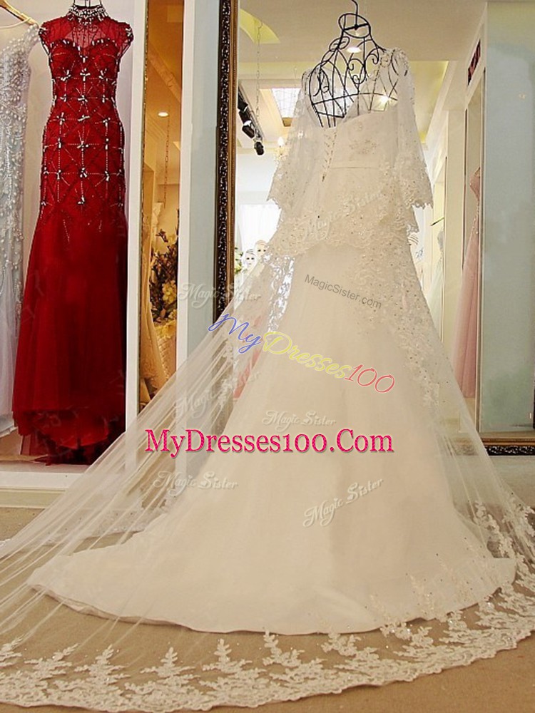 Light Blue A-line Tulle Scoop Long Sleeves Lace and Appliques and Belt Lace Up Prom Evening Gown Court Train