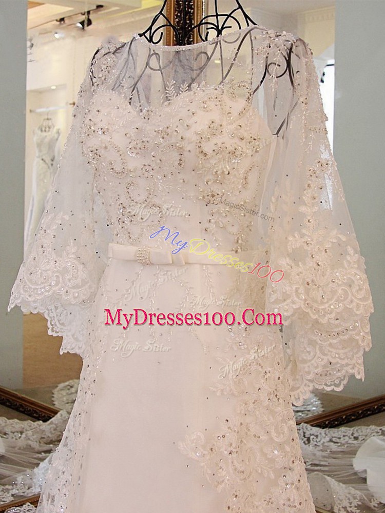 Light Blue A-line Tulle Scoop Long Sleeves Lace and Appliques and Belt Lace Up Prom Evening Gown Court Train