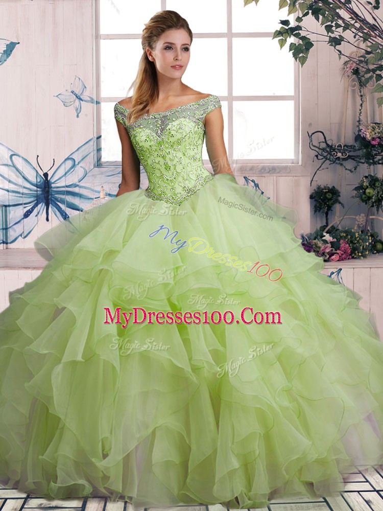 Yellow Green Ball Gowns Off The Shoulder Sleeveless Organza Floor Length Lace Up Beading and Ruffles 15 Quinceanera Dress