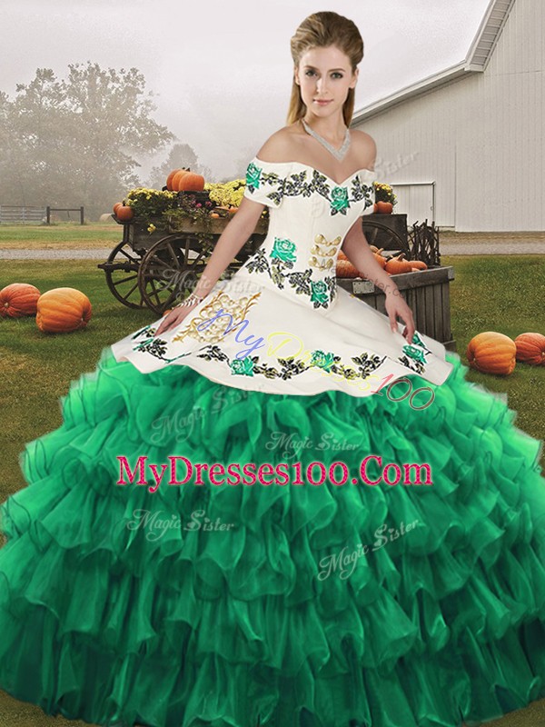 Hot Sale Turquoise Ball Gowns Embroidery and Ruffled Layers Quinceanera Dress Lace Up Organza Sleeveless Floor Length