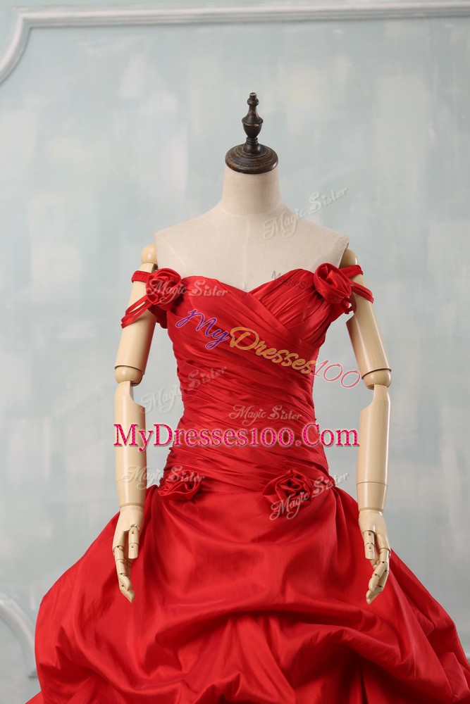 Graceful Red Taffeta Lace Up Sweet 16 Quinceanera Dress Sleeveless Court Train Pick Ups and Hand Made Flower