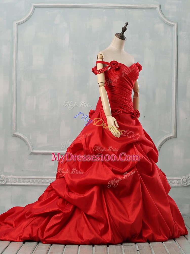 Graceful Red Taffeta Lace Up Sweet 16 Quinceanera Dress Sleeveless Court Train Pick Ups and Hand Made Flower