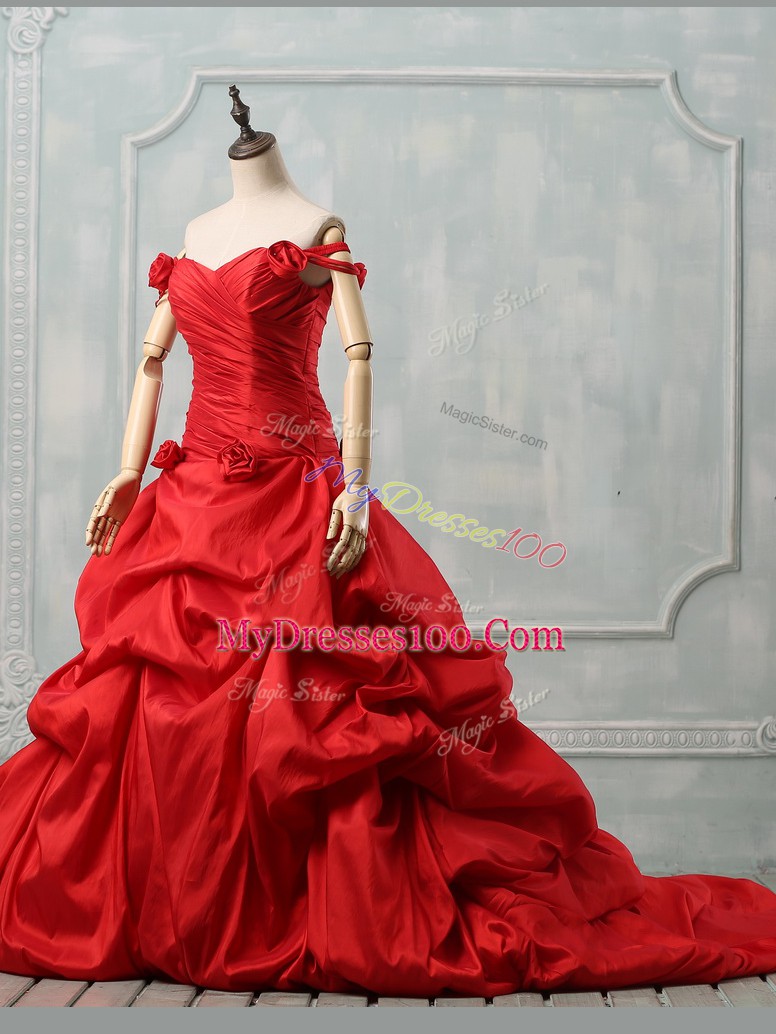 Graceful Red Taffeta Lace Up Sweet 16 Quinceanera Dress Sleeveless Court Train Pick Ups and Hand Made Flower