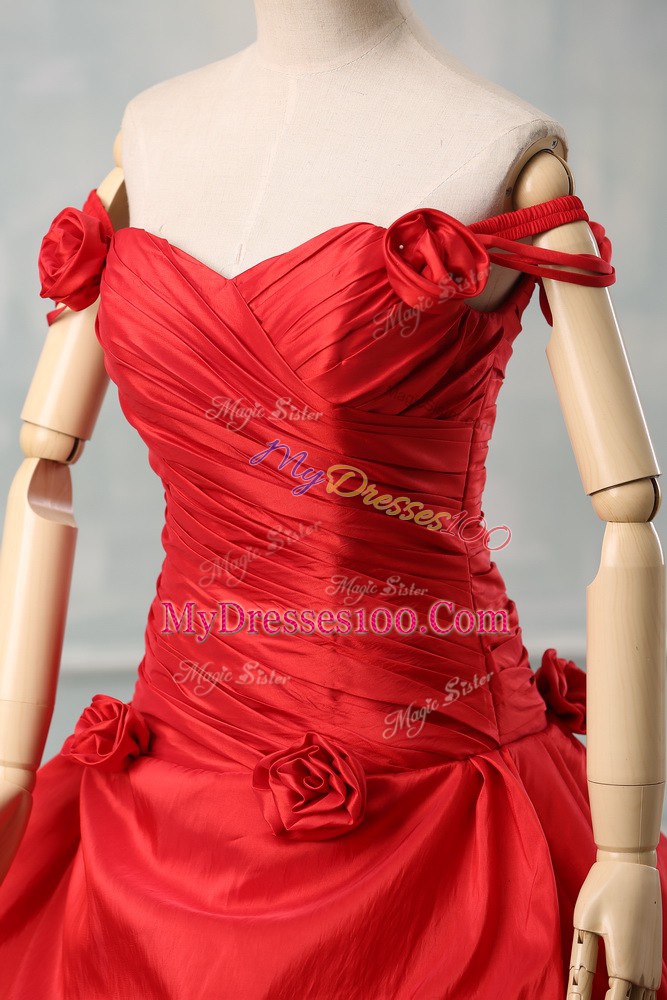 Graceful Red Taffeta Lace Up Sweet 16 Quinceanera Dress Sleeveless Court Train Pick Ups and Hand Made Flower