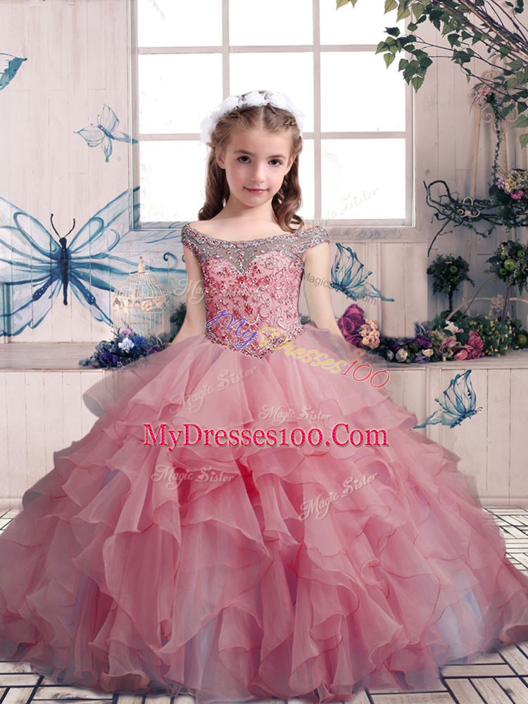 Great Sleeveless Organza Floor Length Lace Up Pageant Dress for Girls in Pink with Beading and Ruffles