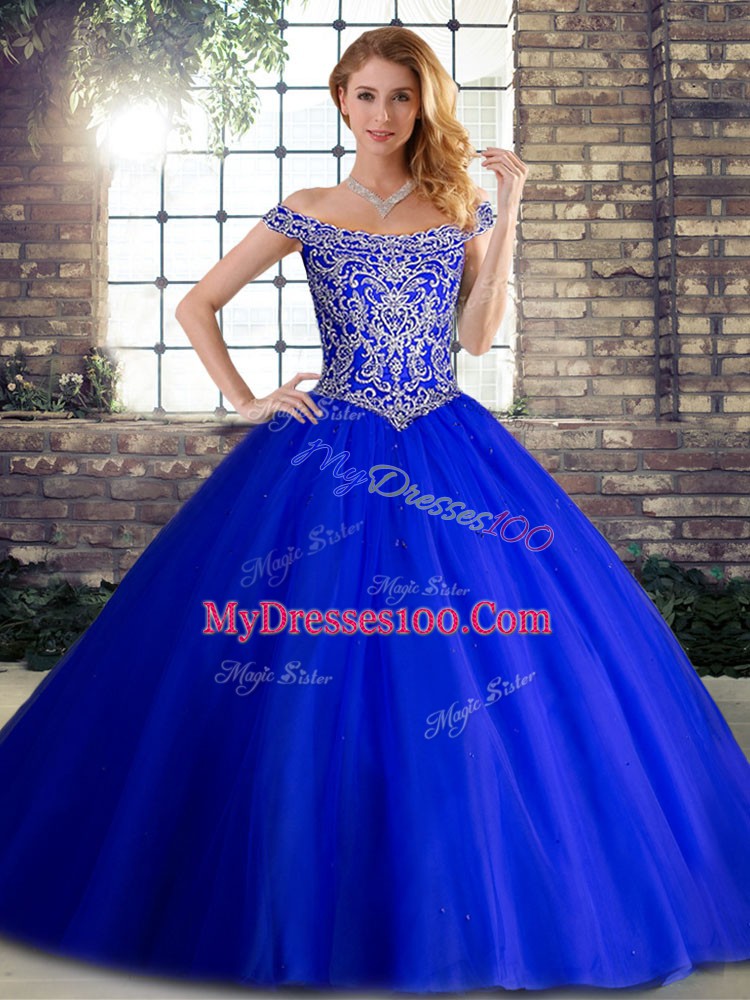Royal Blue Tulle Lace Up Sweet 16 Quinceanera Dress Sleeveless Brush Train Beading