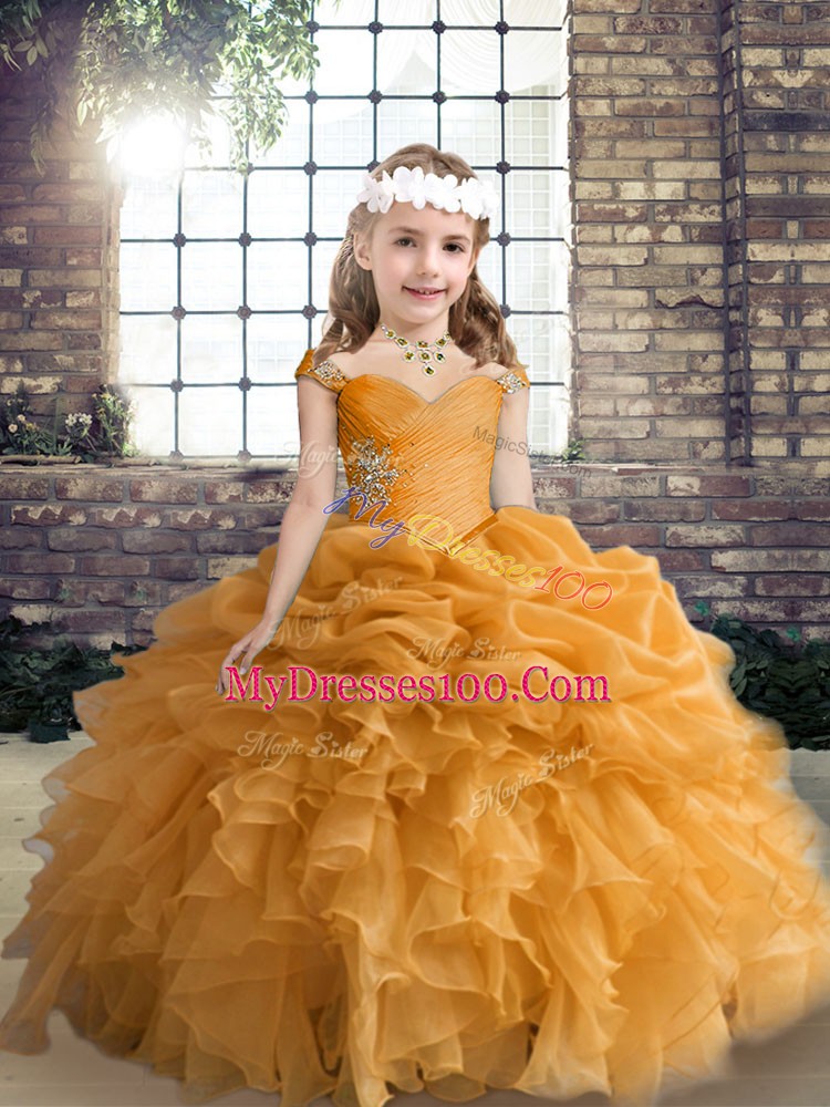 Orange Ball Gowns Organza Straps Sleeveless Beading and Ruffles and Pick Ups Floor Length Lace Up Pageant Dress for Teens