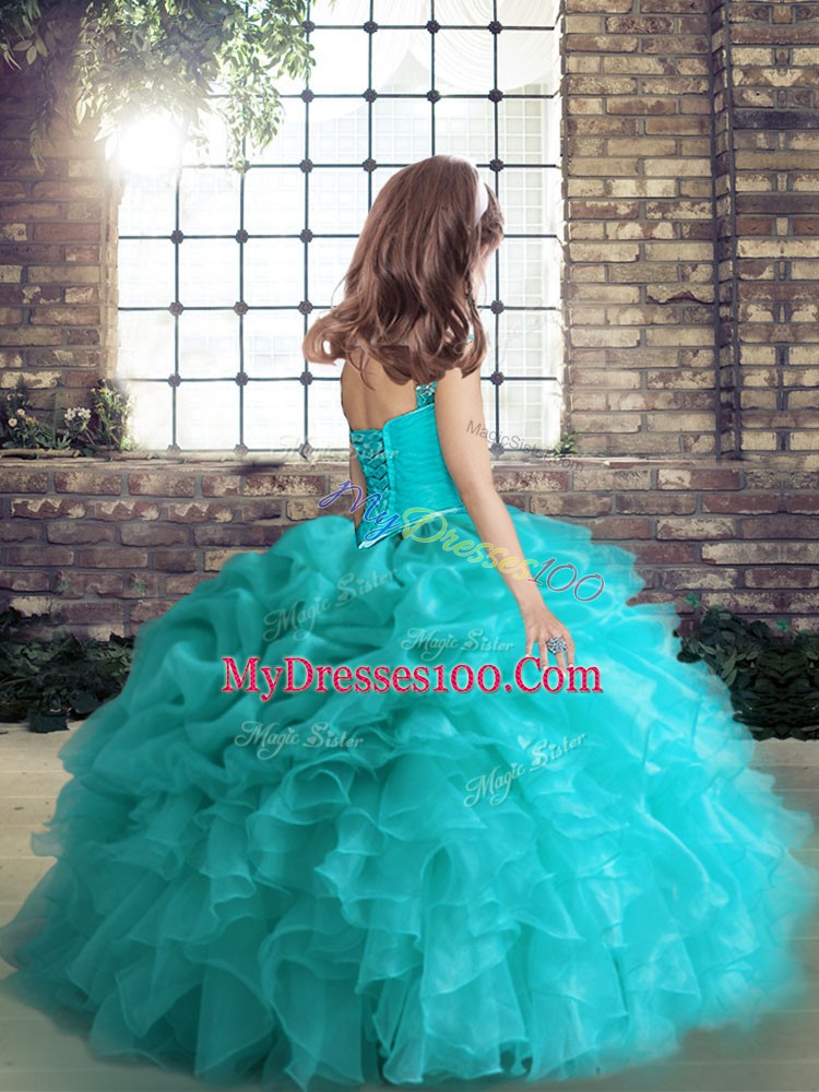 Orange Ball Gowns Organza Straps Sleeveless Beading and Ruffles and Pick Ups Floor Length Lace Up Pageant Dress for Teens