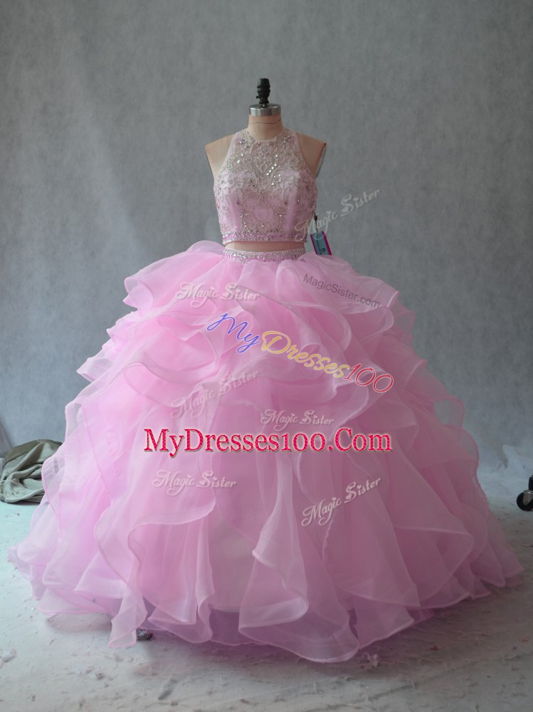 Pink Sleeveless Organza Backless Quince Ball Gowns for Sweet 16 and Quinceanera