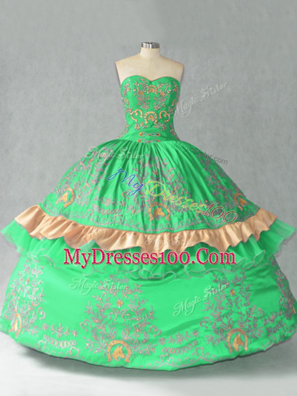Stunning Green Organza Lace Up Sweetheart Sleeveless Floor Length 15th Birthday Dress Embroidery and Bowknot