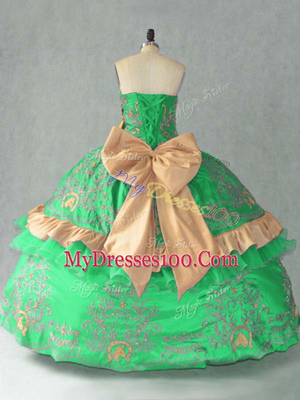 Stunning Green Organza Lace Up Sweetheart Sleeveless Floor Length 15th Birthday Dress Embroidery and Bowknot