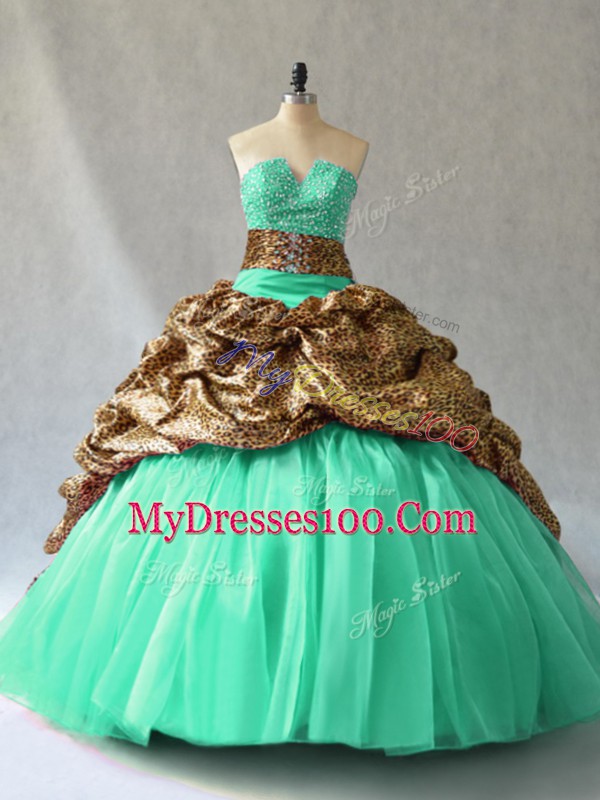 Glittering Sleeveless Beading and Pick Ups Lace Up Ball Gown Prom Dress with Turquoise Brush Train